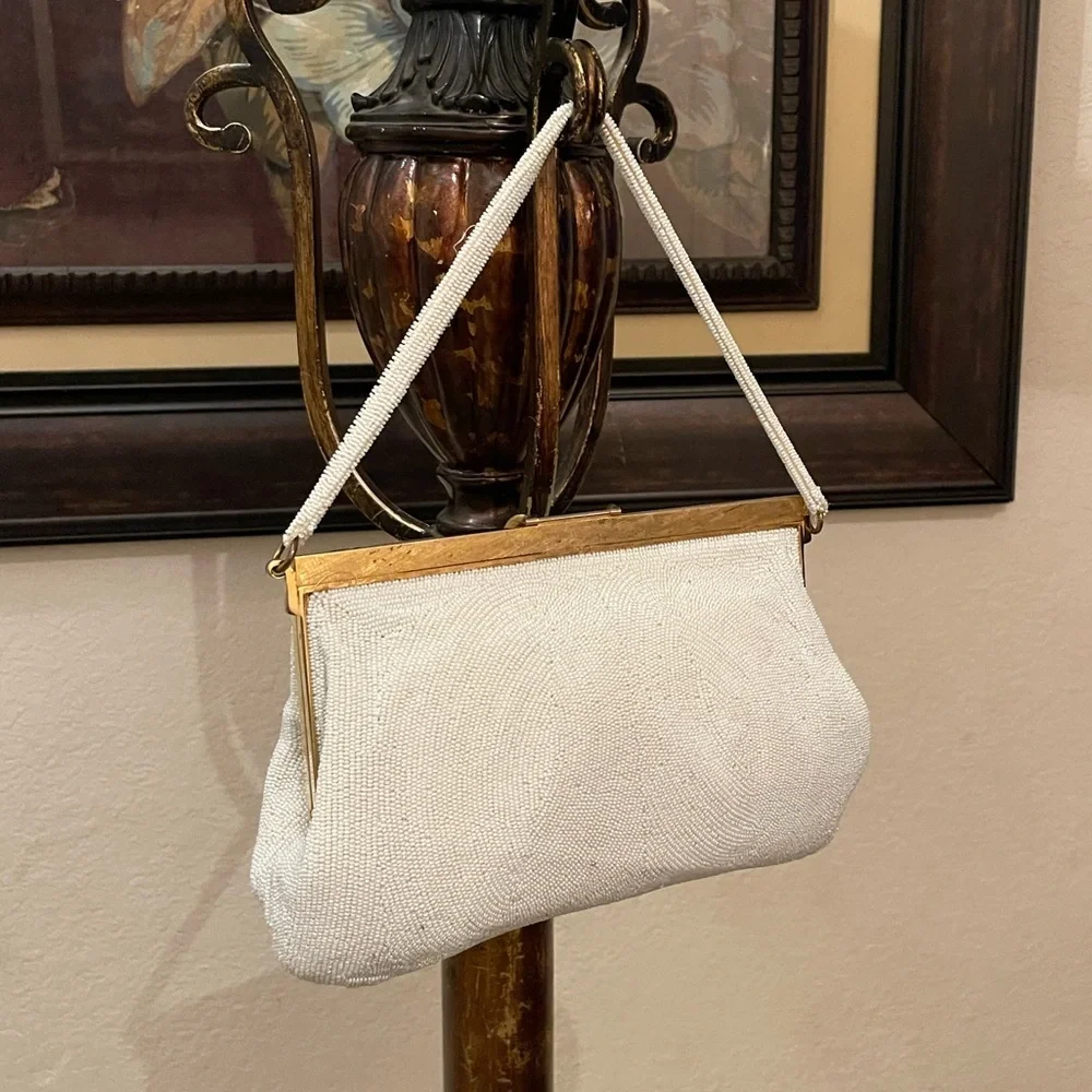 Vintage White Beaded Clutch with Gold Frame